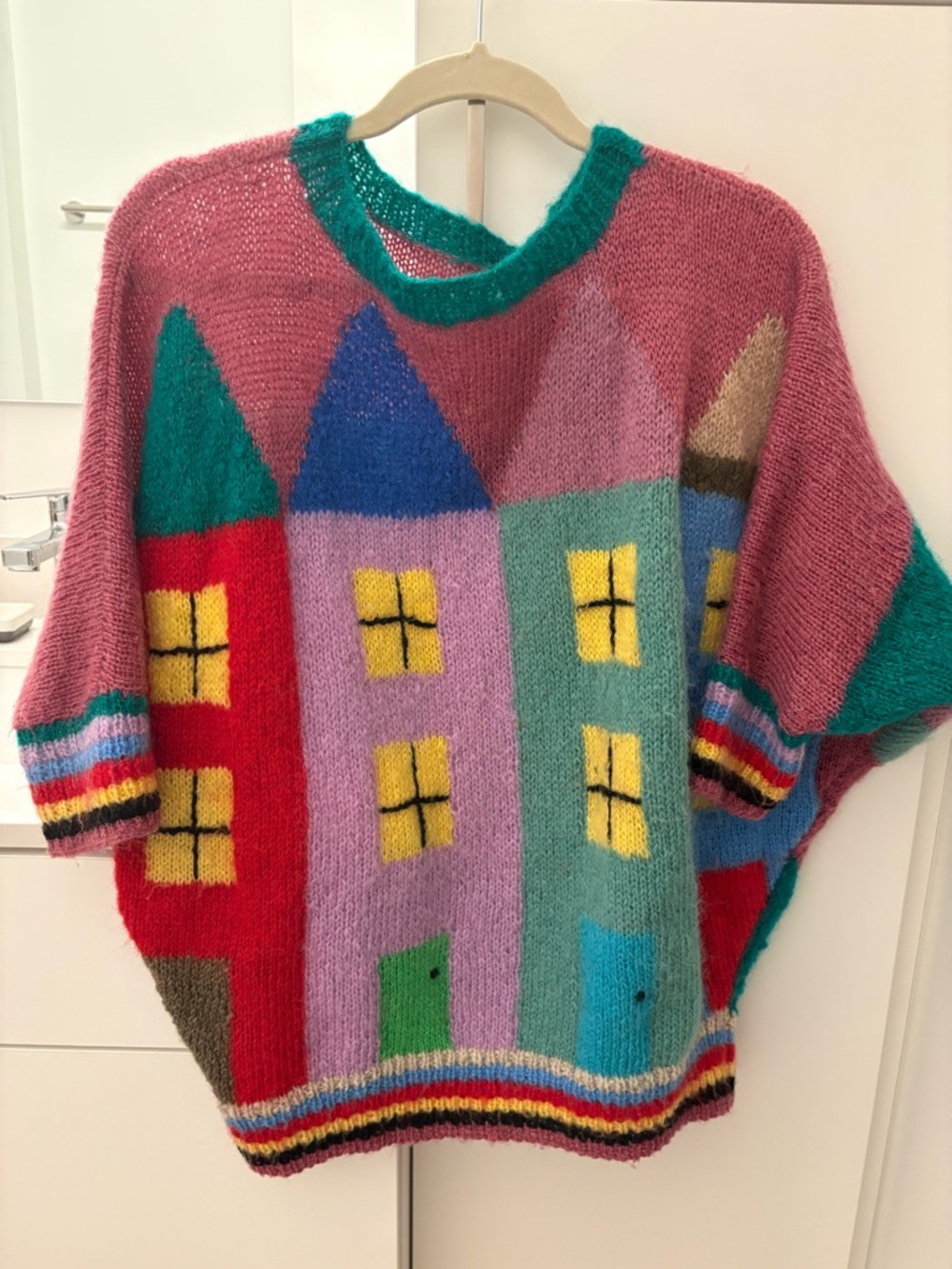Vintage-Inspired Pink Multicolor House Motif Sweater